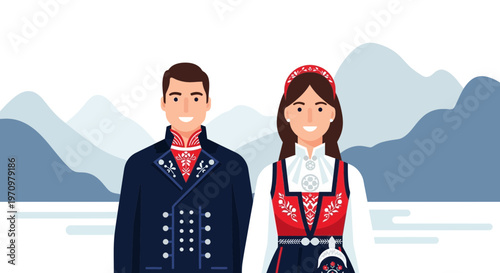 Norwegian couple in traditional folk costumes against a mountain landscape