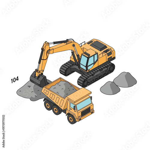 Isometric illustration of an excavator loading a dump truck with sand, representing construction and heavy machinery operations.