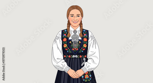 Norwegian woman in traditional bunad costume, illustration