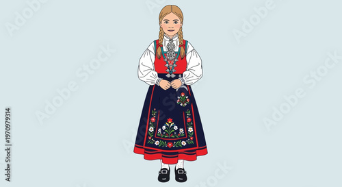 Norwegian woman in traditional bunad costume, illustration