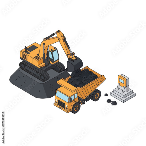 Isometric illustration of an excavator loading coal into a dump truck at a mining site.