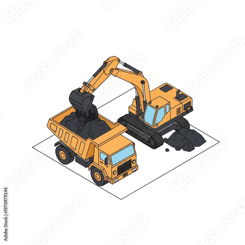 Isometric illustration of an excavator loading a dump truck with soil.