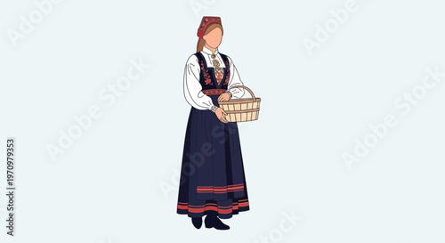 Norwegian woman in traditional bunad holding a basket