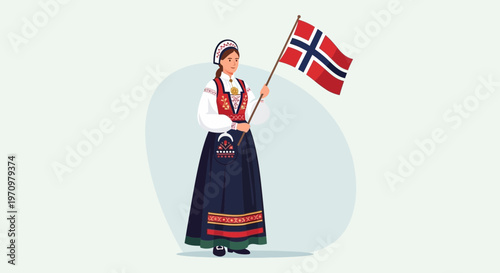 Norwegian woman in traditional costume holding flag