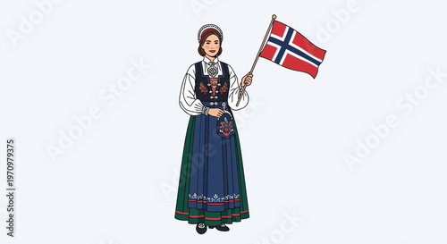 Norwegian woman in traditional costume holding flag