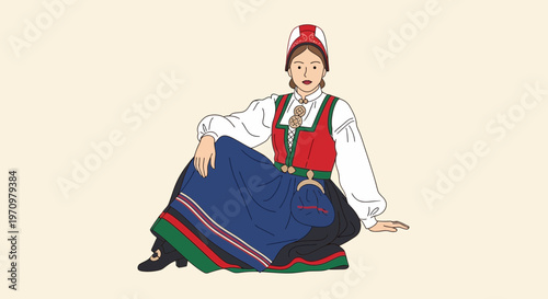 Norwegian woman in traditional folk costume, Bunad, sitting pose