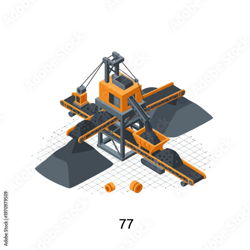 Isometric Mining Plant with Conveyor Belts and Coal Piles.