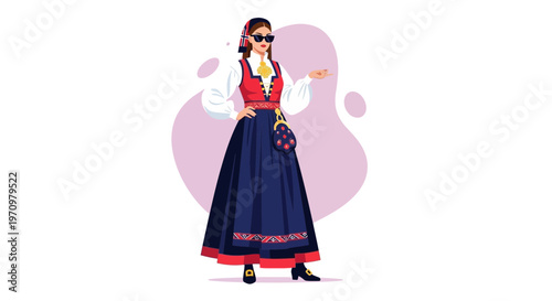 Woman in Traditional Norwegian Bunad Dress, Sunglasses, Modern Style