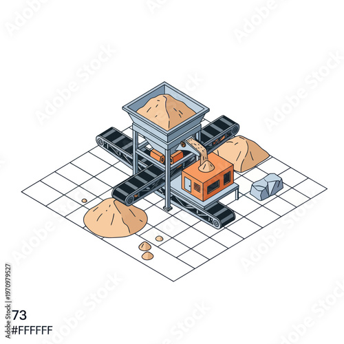 Isometric Sand Processing Plant with Conveyor Belts and Piles.
