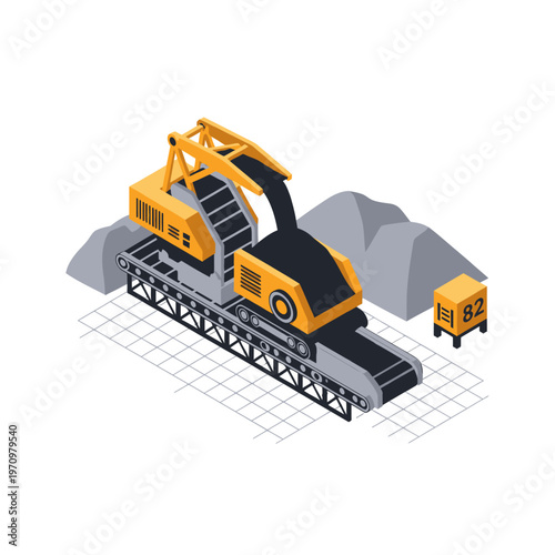 Isometric Stone Crusher Machine and Gravel Piles.