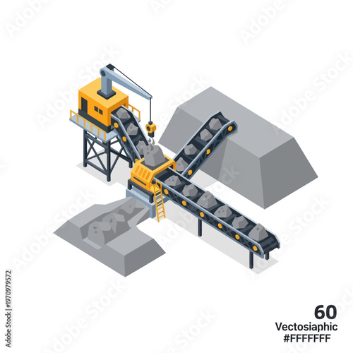 Isometric view of a stone crushing and sorting plant with conveyor belts and crane.