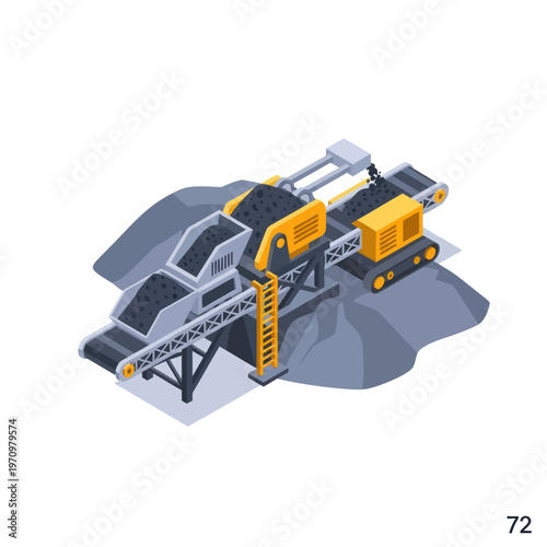 Isometric view of a stone crushing and sorting plant.