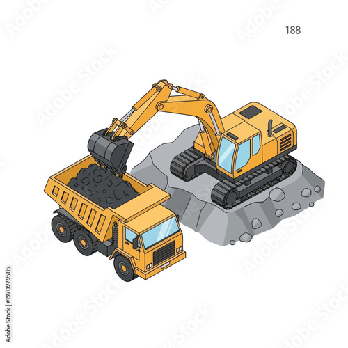 Yellow excavator loading coal into a dump truck on a rocky surface.