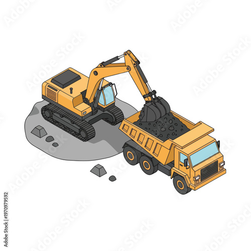 Yellow excavator loading dirt into a dump truck.