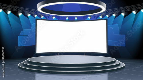 Stage Design Large Blank Screen Presentation Dark Blue Background Spotlights