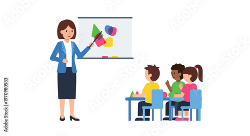 A female teacher in a blue blazer points to colorful shapes on a whiteboard while three young students sit at their desks and listen.