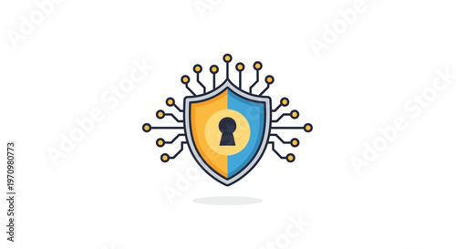 Shield with keyhole and circuit lines.