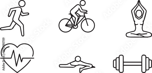 Minimalist fitness icon set, black line art sports symbols, collection of 6 workout and wellness vector elements for health tracking apps isolated PNG with Transparent Background