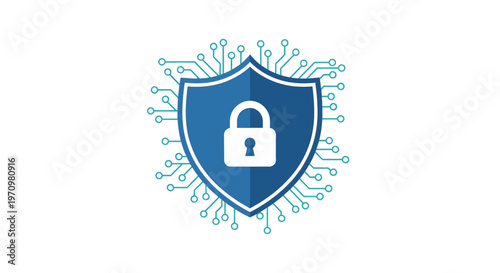 Shield with padlock security symbol.