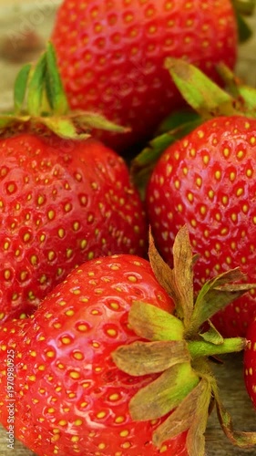 Ripe red juicy strawberries on a wooden table in bright summer sunlight. Concept of organic farming, seasonal harvest, and natural sweet dessert. Fresh berries, healthy nutrition, and summer lifestyle