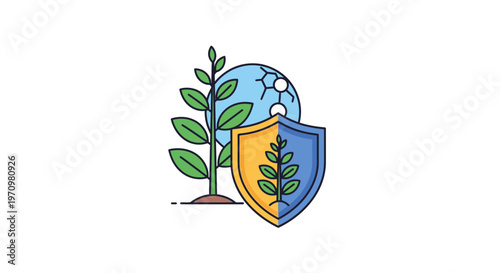 Shield with plant and globe logo.