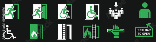 Collection of green and white vector emergency, fire safety, and accessibility icons for public places.