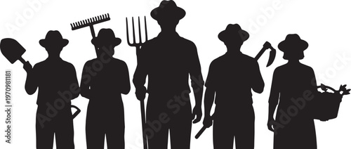 Five silhouettes of farmers with traditional gardening tools