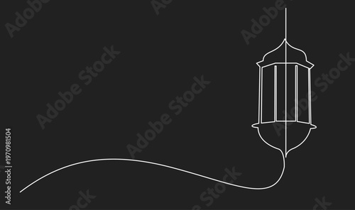 Minimalist One Line Drawing of Arabic Lantern Fanoos on Black Background
