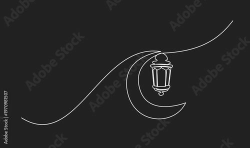 Continuous one line art drawing of Ramadan lantern and crescent moon. Minimalist Islamic holiday symbol on black background.
