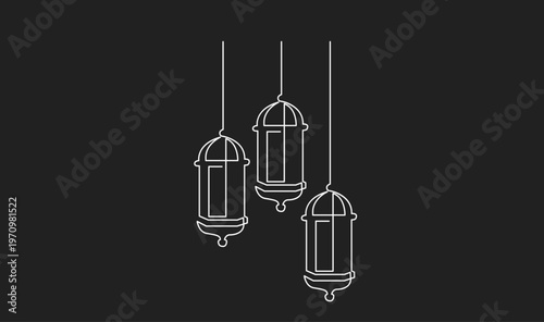 Hanging Ramadan Lanterns Continuous One Line Art on Black Background