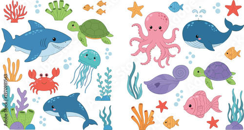 Cute Sea Animals Vector Set Featuring Shark, Whale, Octopus, Turtle, Fish, Jellyfish and Coral Cartoon Underwater Ocean Illustration Collection
