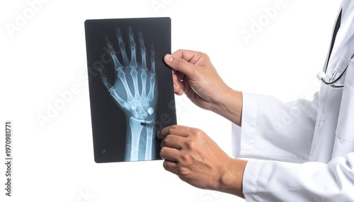 A medical professional examines a hand radiograph, observing bone structure with a stethoscope in view