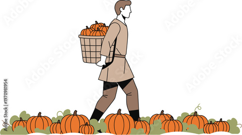 A person walks through a vibrant pumpkin patch, shouldering a basket brimming with freshly harvested gourds, a perfect illustration of autumn's bounty and the seasonal harvest