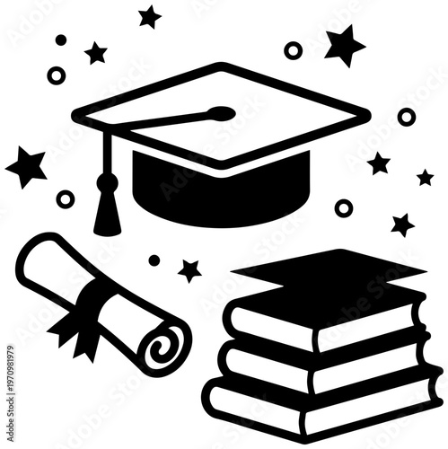 Graduation cap and diploma with books, symbolizing academic achievement and success