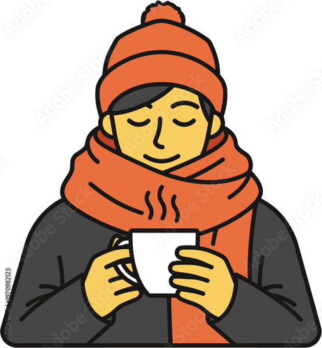 Cozy individual finding comfort in a steaming hot beverage during chilly winter weather, embracing warmth and relaxation with a delightful mug of drink