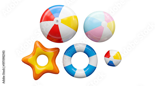 Assortment of colorful inflatable beach and pool toys, including balls, a star float, and a ring, for summer.