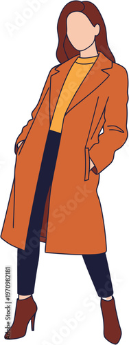 Fashionable woman striking a confident pose in a stylish autumnal long coat, showcasing modern elegance and personal style in a minimalist flat vector illustration