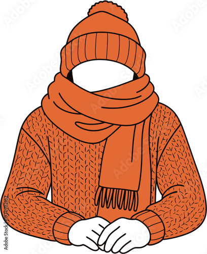 Warm winter clothing for cold weather, including a knitted sweater, scarf, and beanie hat, perfect for staying cozy and protected from the elements