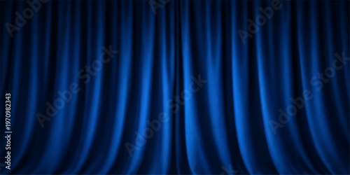 Abstract a dramatic, deep blue theater curtain, inviting anticipation and mystery, softly lit with elegant shadows, creating a sense of anticipation and the allure of what lies beyond. 