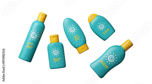 Various sunscreen bottles with SPF 50+ and kids protection 3D render isolated on transparent background.