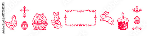 Easter pixel art icons set. Folk cross stitch style bunny, easter egg, chicken, Easter basket with eggs, Easter cake, cross, candle. Ethnic pattern border frame isolated on transparent bg. Vector
