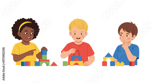 Three children of different ethnicities are sitting together at a table, happily playing and building various structures with colorful wooden blocks.