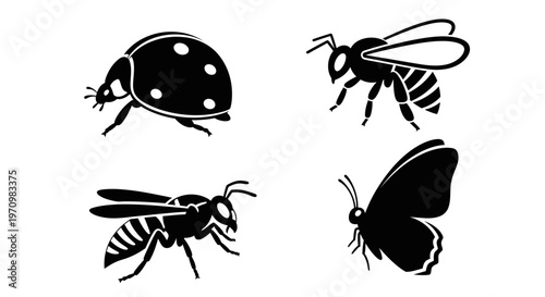 Insect Silhouettes Collection: Ladybug, Bee, Wasp, and Butterfly Icons Set