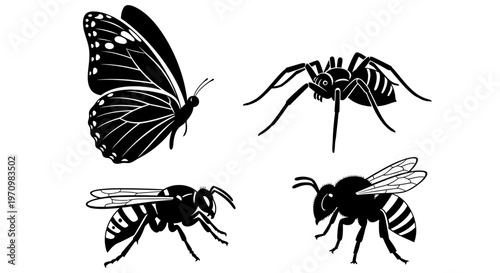 Insect Silhouettes Set: Butterfly, Spider, Wasp, and Bee Vector Art