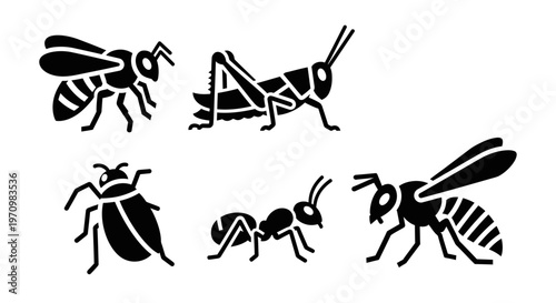 Insect silhouettes vector set: bee, grasshopper, beetle, ant, and wasp icons