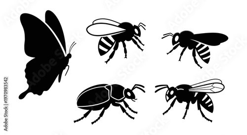 Insect Silhouettes Vector Set: Butterfly, Bees, and Beetle Collection