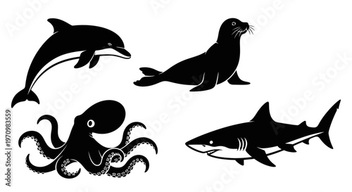 Marine Animals Silhouettes Collection: Dolphin, Seal, Octopus, Shark