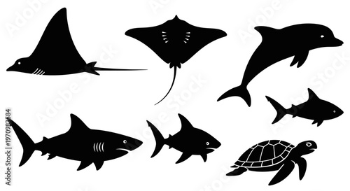 Marine Animals Silhouettes Collection: Shark, Dolphin, Ray, and Sea Turtle Icons