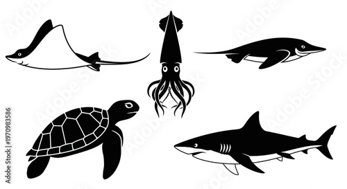 Marine Animals Silhouettes Collection: Stingray, Squid, Penguin, Turtle, and Shark