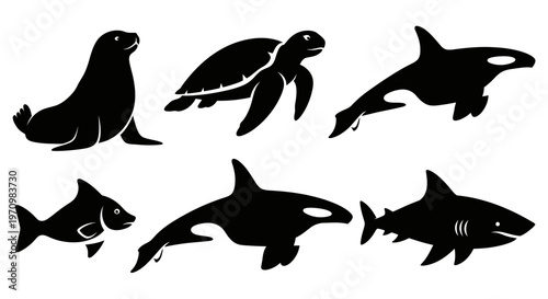 Marine Animals Silhouettes Set: Seal, Turtle, Orca, Fish, and Shark Icons